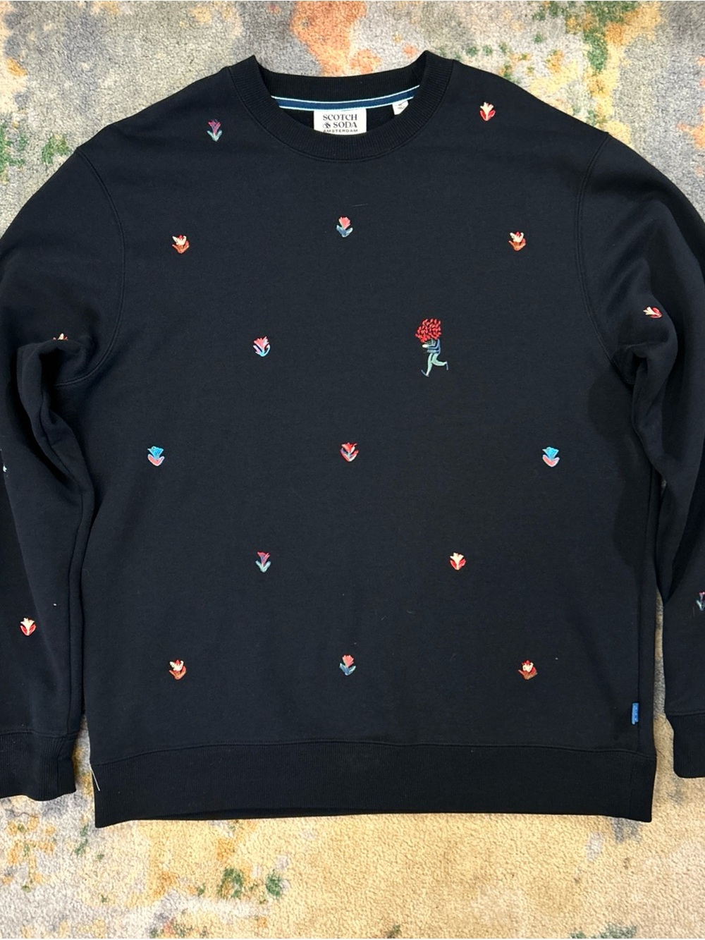 Scotch & Soda Blue Embroidered Floral Felpa Crewneck Sweater Men’s XL